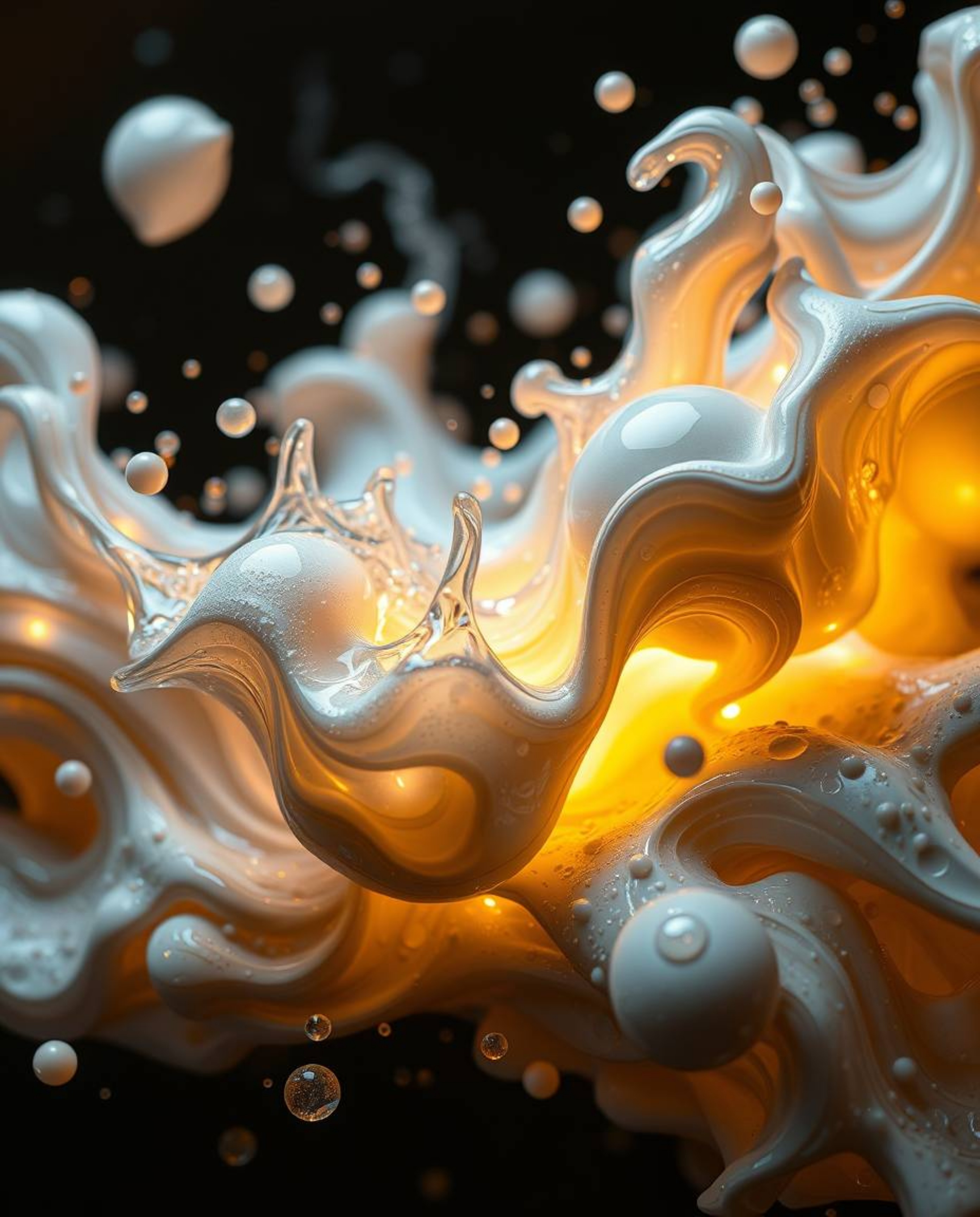 Explore a captivating realm of sculptural clay art showcasing glassy fluid 3D shapes in dynamic motion, encircled by ethereal