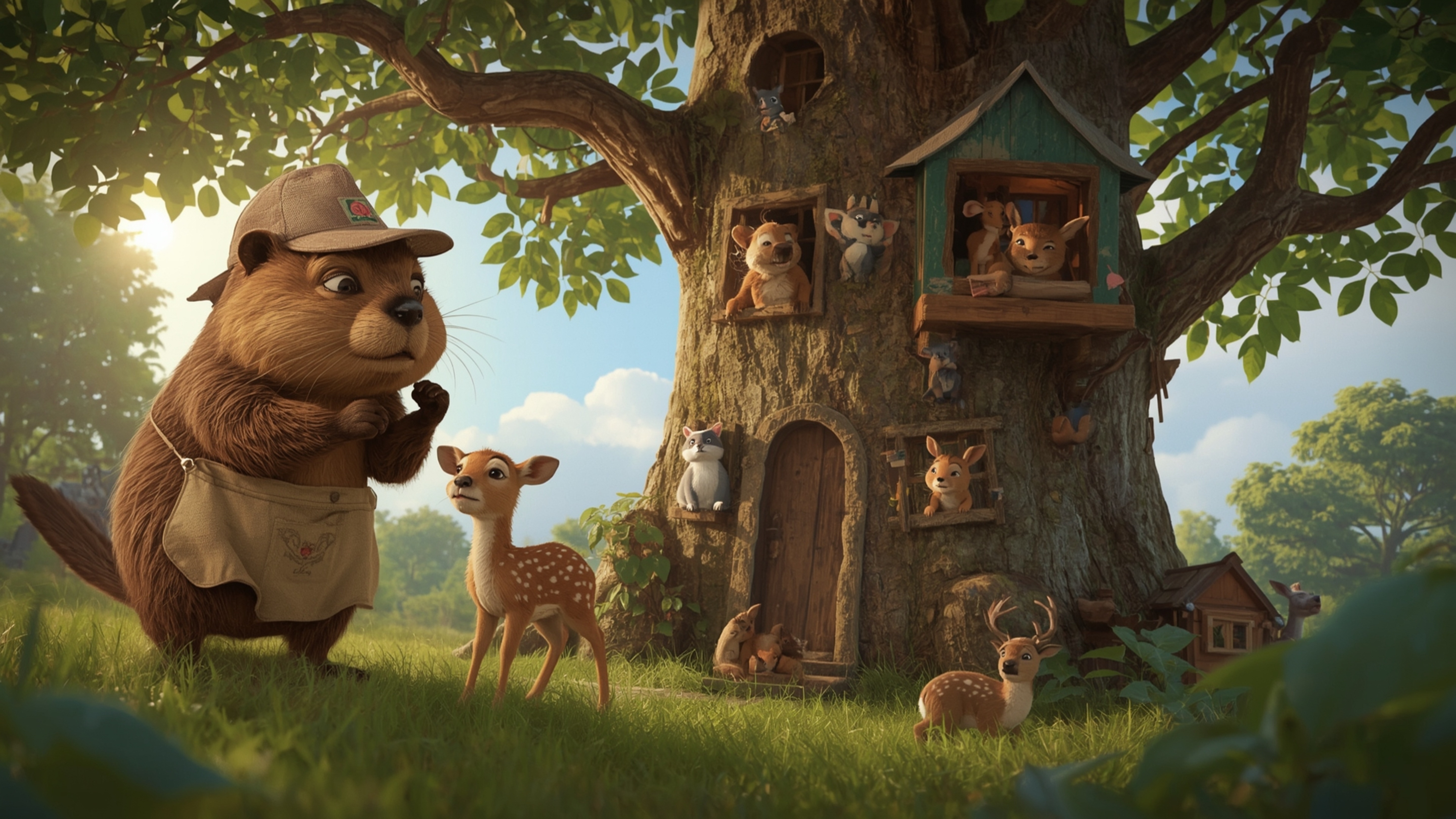 A highly detailed, high-resolution stock photo depicts a heartwarming scene reminiscent of a Pixar animation. A busy beaver,