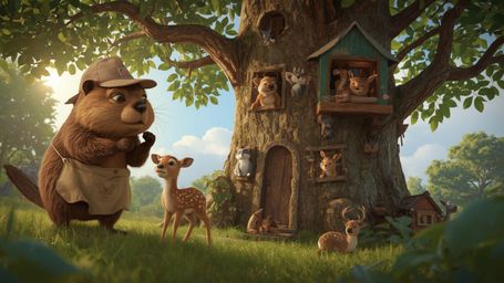 A highly detailed, high-resolution stock photo depicts a heartwarming scene reminiscent of a Pixar animation. A busy beaver,