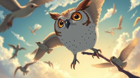 Explore a heartwarming isekai anime illustration featuring a blind owl with detailed features and large, emotive eyes, passio