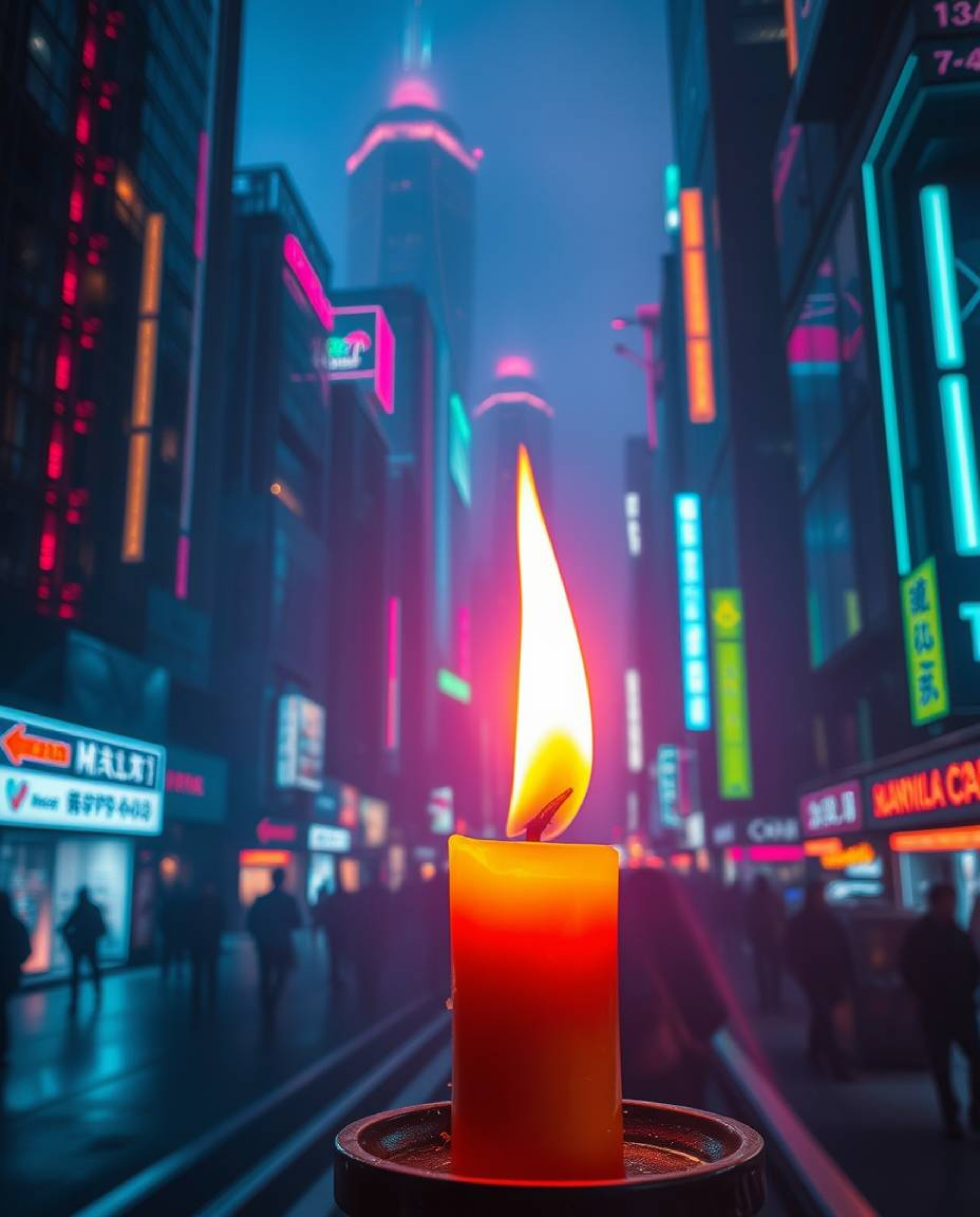 Experience a captivating blend of warm candlelight and vibrant, futuristic cityscapes in a glitch art style.  Flickering ligh