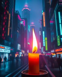 Experience a captivating blend of warm candlelight and vibrant, futuristic cityscapes in a glitch art style.  Flickering ligh