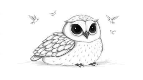 A charming Pixar-esque sketch depicts a blind owl, its soft feathers rendered with expressive pencil strokes, resting peacefu