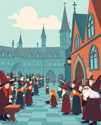 Immerse yourself in a modern magical school, a vibrant hub for young wizards depicted in a striking flat design. The warm ter