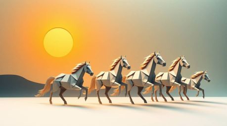 An intricate origami illustration depicts a herd of wild horses galloping beneath a vibrant, glowing sky.  Crafted with metic