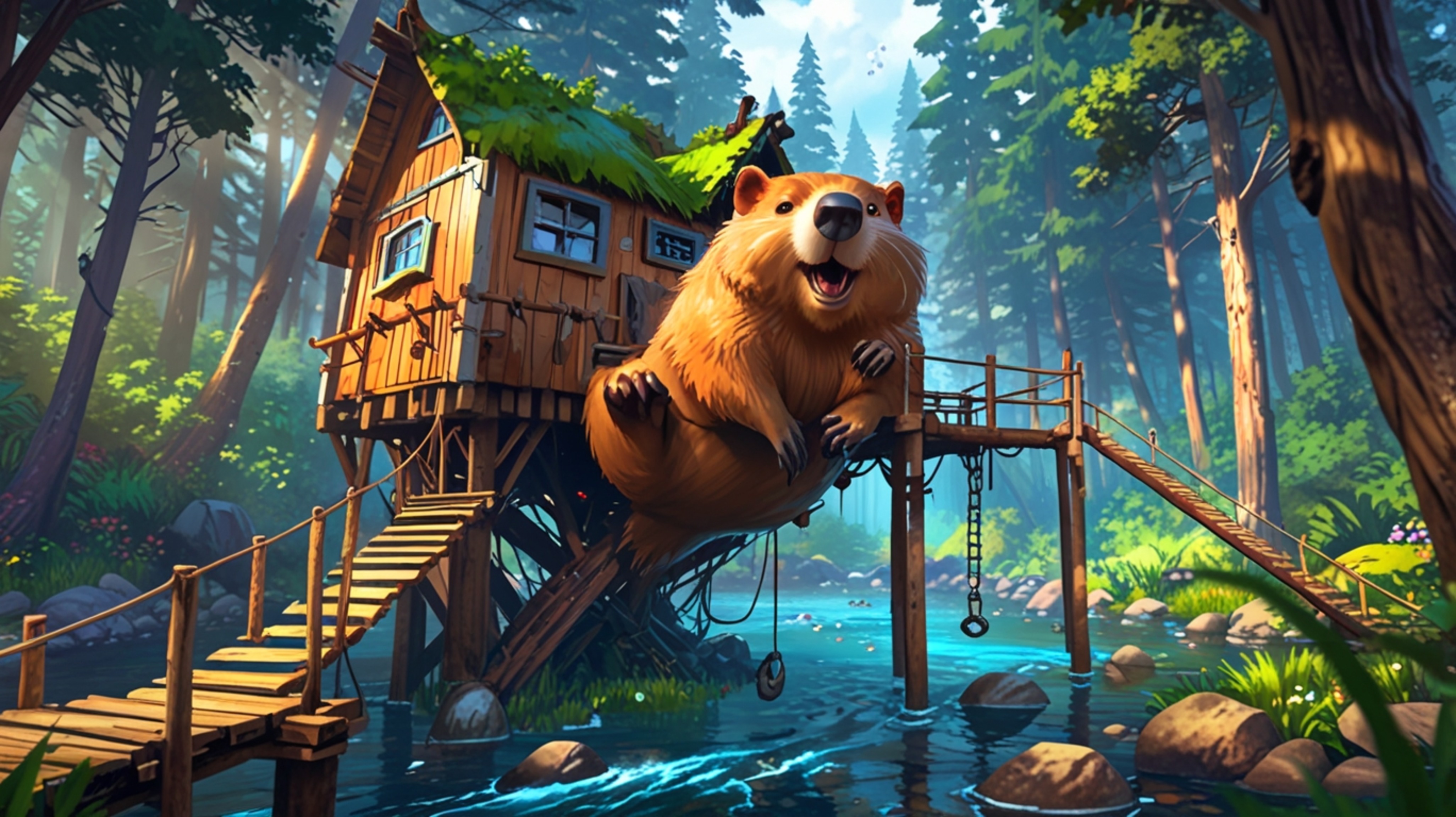 A high-resolution stock photo, blending the whimsical styles of Pixar and anime, captures an inspiring scene of a beaver buil