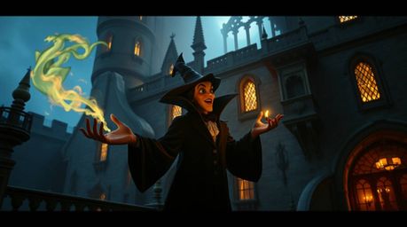 A classic Disney villain conjures a captivating spell within the aged walls of an old castle, bathed in a mesmerizing biolumi