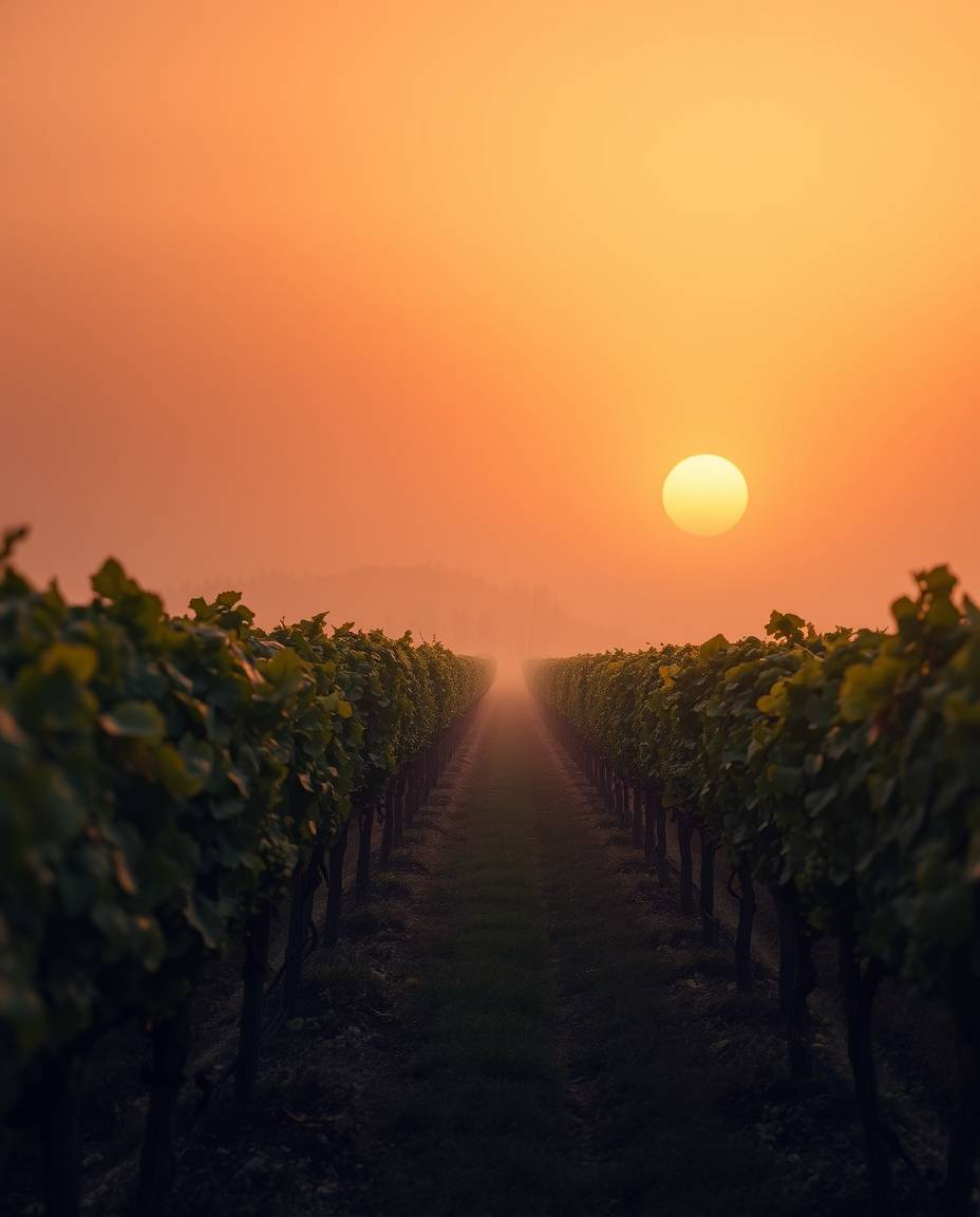 A surreal, dreamlike image captures a sunset over a vineyard, rendered in soft focus with a hazy background. The rows of grap