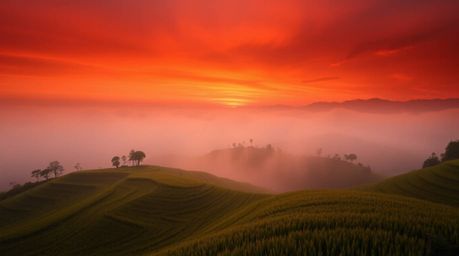 Experience a dramatic cinematic sunset over stunning rice terraces, where thick fog gently obscures the distant mountains, cr