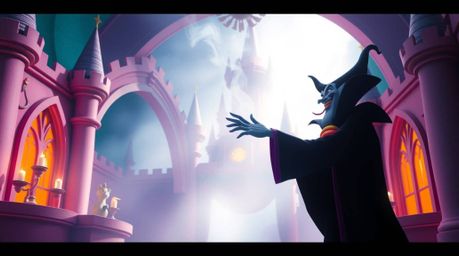 A classic Disney villain casts a powerful spell within a vibrant, brightly colored castle.  The scene is filled with hazy, so
