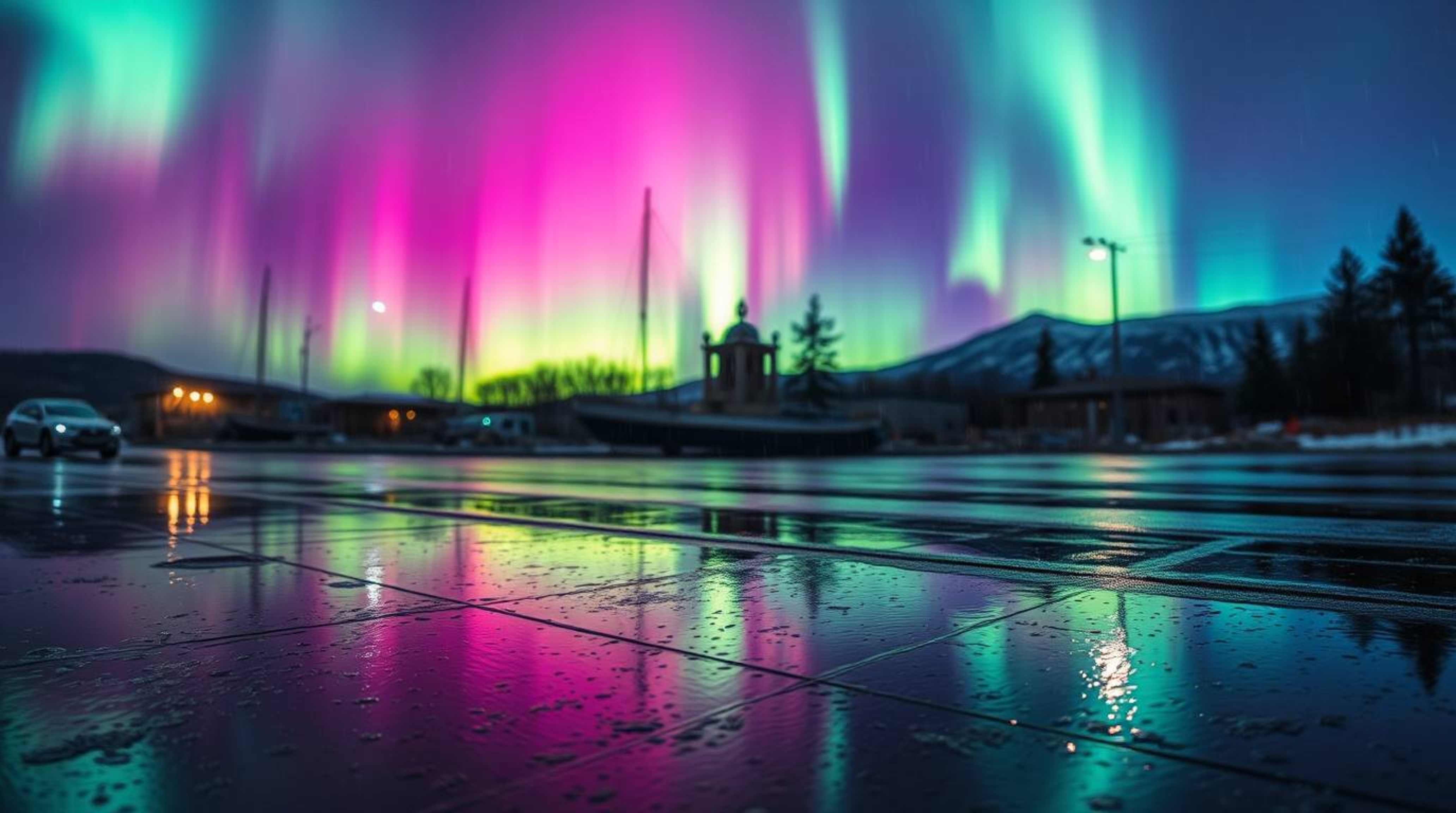 Witness the breathtaking spectacle of iridescent Northern Lights dancing across a wet, rainy scene.  Vibrant reflections shim