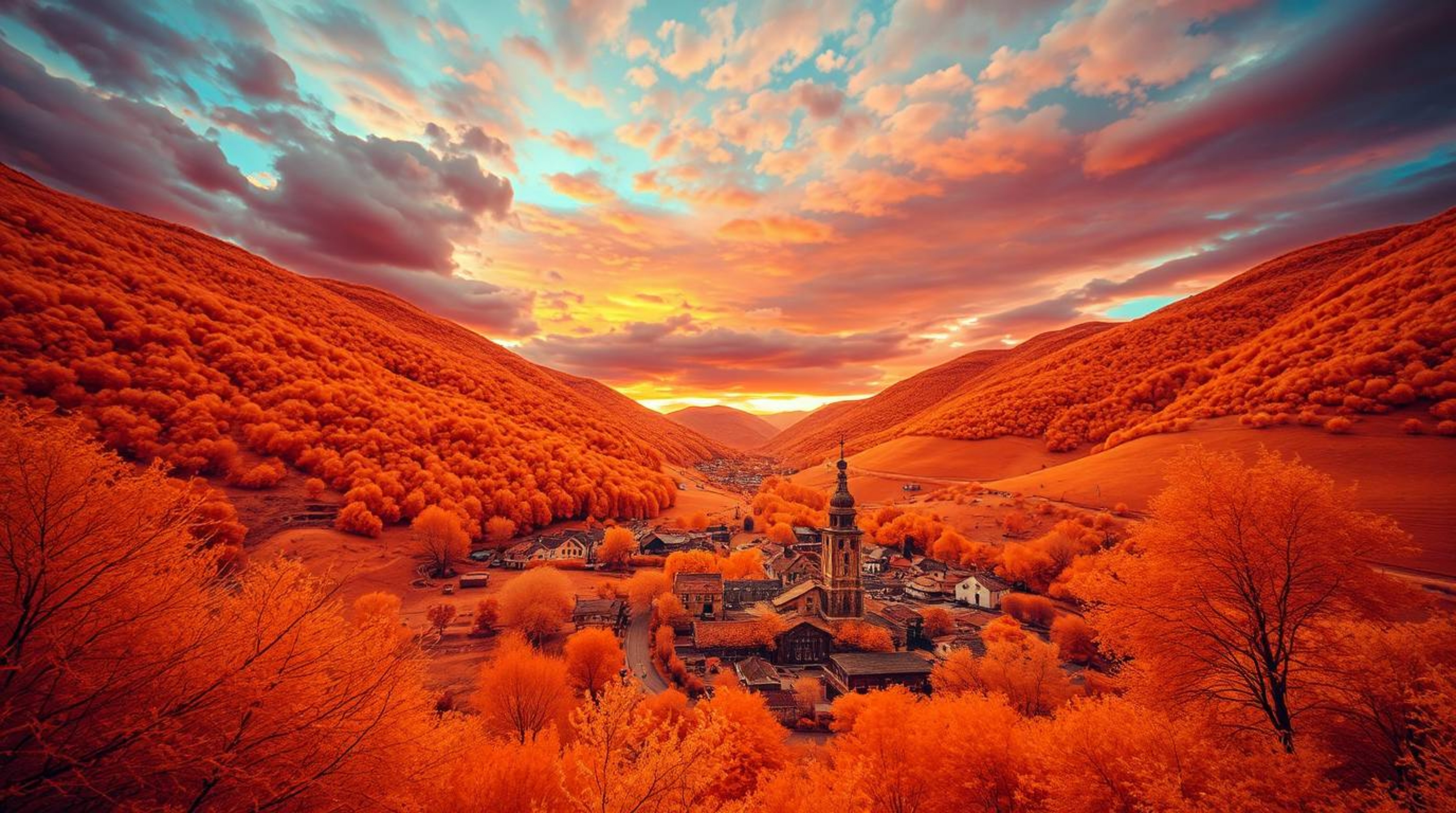 Discover a breathtaking surreal infrared image of a cozy village nestled in a vibrant valley under a colorful sky.  This othe