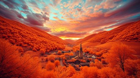 Discover a breathtaking surreal infrared image of a cozy village nestled in a vibrant valley under a colorful sky.  This othe