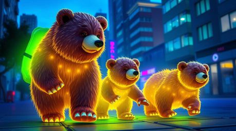 A captivating image featuring a bear family illuminated with bioluminescent blues, greens, and purples, embarking on a unique