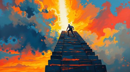This bold acrylic painting depicts a lone figure in an action pose, dynamically climbing a weathered stone staircase towards 