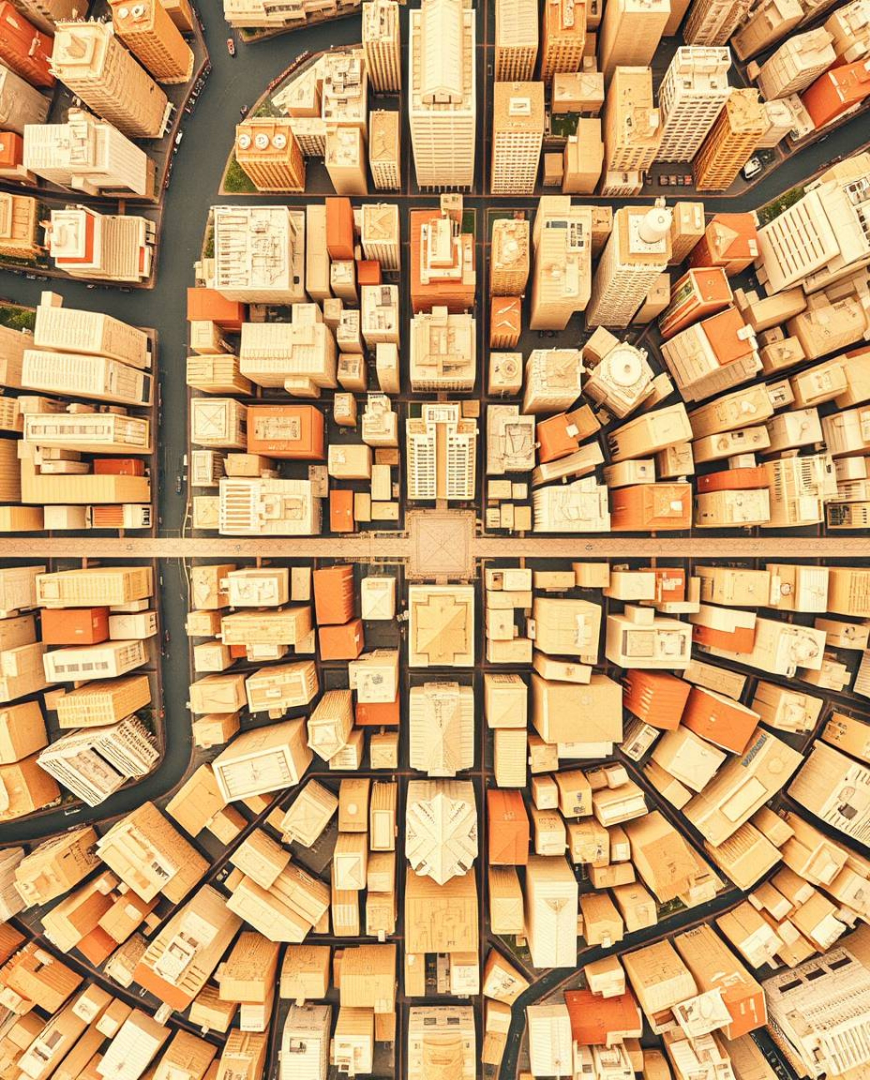 Explore a captivating abstract city map rendered from geometric shapes, presented in a striking bird's-eye, top-down perspect