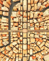 Explore a captivating abstract city map rendered from geometric shapes, presented in a striking bird's-eye, top-down perspect