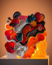 This papier-mâché sculpture showcases a vibrant interplay of colorful 3D fluid shapes and geometric forms, brought to life by