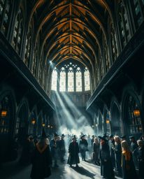 Explore the intricate architectural details of a magical school teeming with young wizards, captured in a precise color photo
