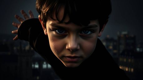 A dramatic close-up reveals a young boy soaring above a London backdrop, propelled by pixie dust.  The image is rendered in s