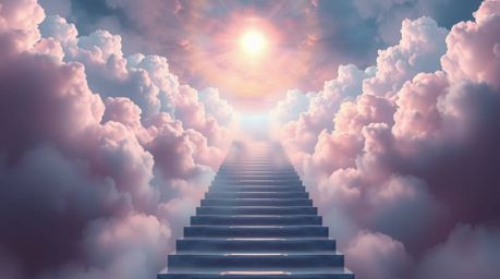 A captivating image depicts a surreal stairway ascending through ethereal smoky clouds towards a radiant celestial light. Ren