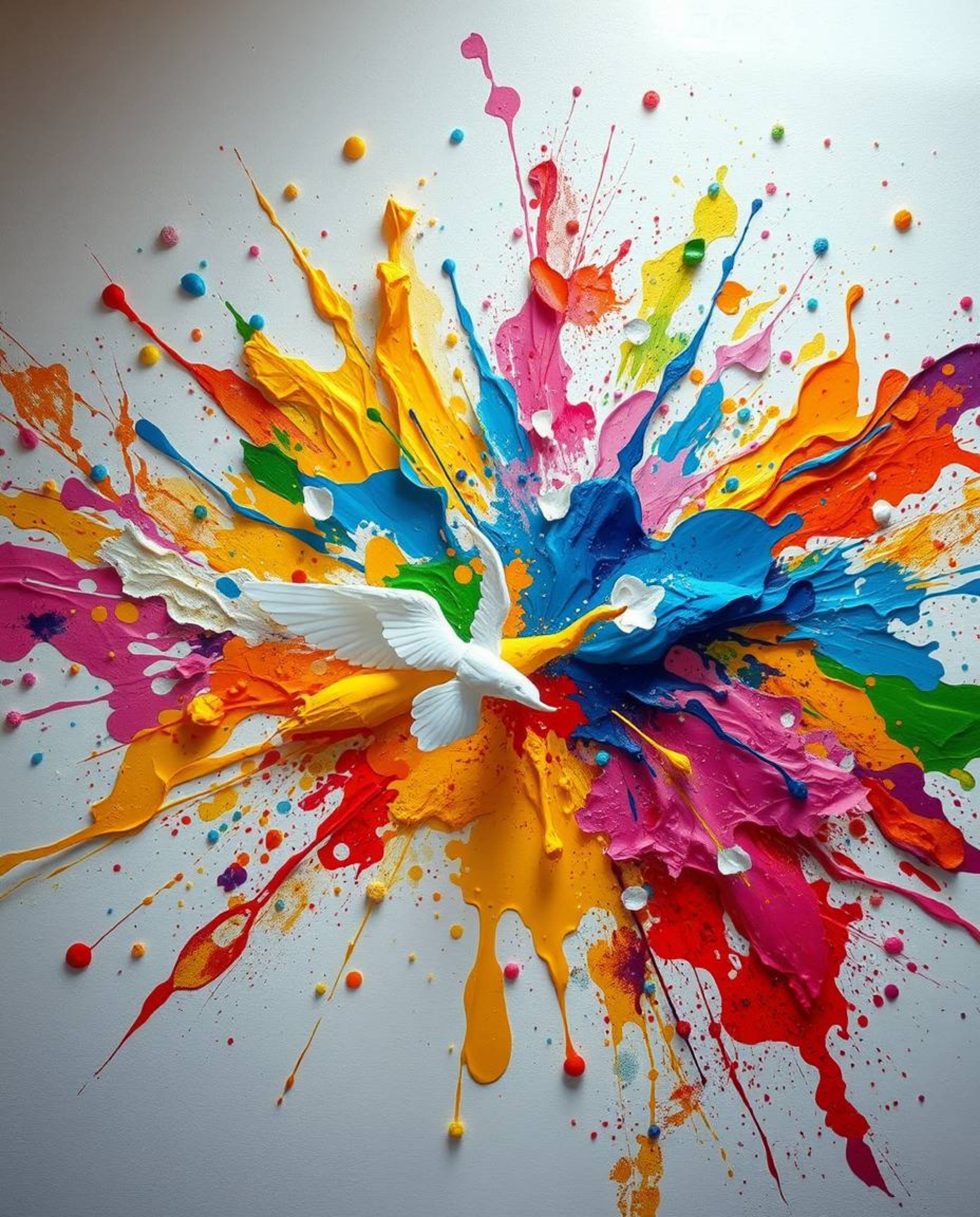 An ethereal and spiritual image showcasing a vibrant explosion of colorful paint splashes across a white canvas, meticulously