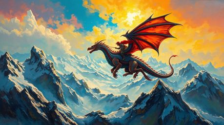 Immerse yourself in a classic oil painting style depicting a dragon and rider soaring above icy mountains.  This vibrant scen