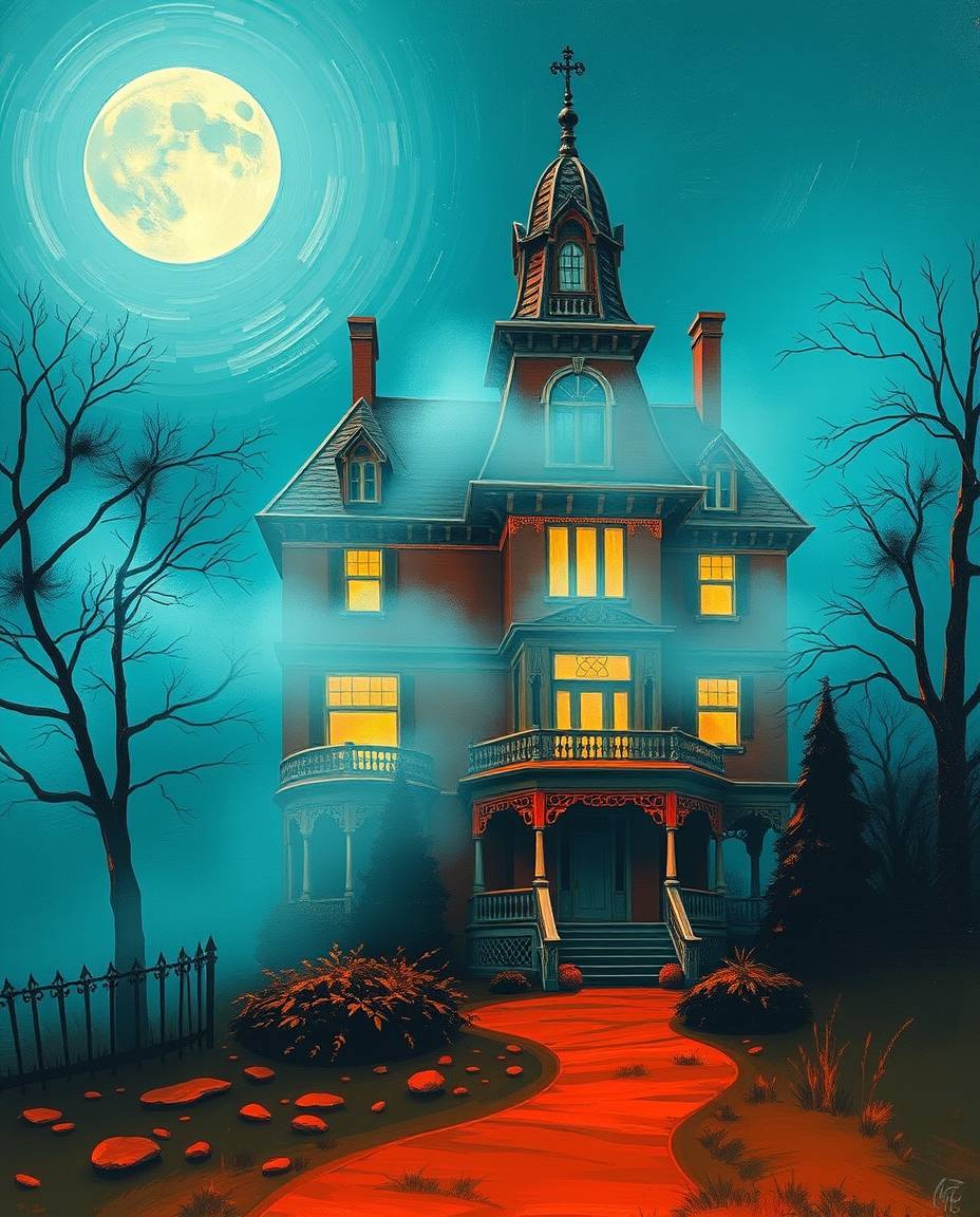 This bold acrylic painting captures the ethereal beauty of a fog-covered Victorian mansion under the soft glow of moonlight. 
