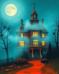 This bold acrylic painting captures the ethereal beauty of a fog-covered Victorian mansion under the soft glow of moonlight. 