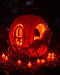 Witness the enchanting transformation of a magical pumpkin into a horse-drawn carriage, bathed in the warm glow of candleligh