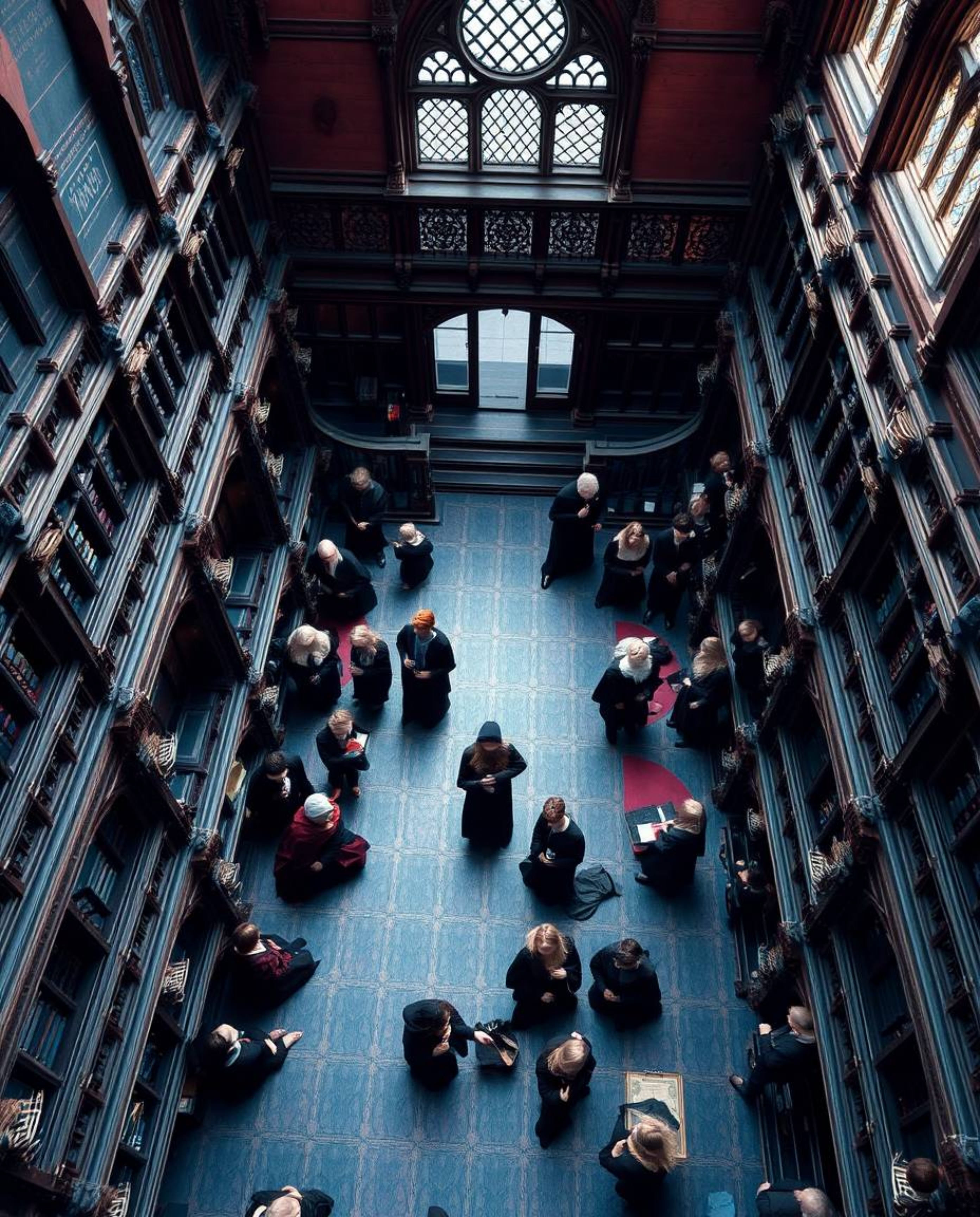 Experience a breathtaking aerial view of a magical school teeming with young wizards. The scene is rendered in rich burgundy 