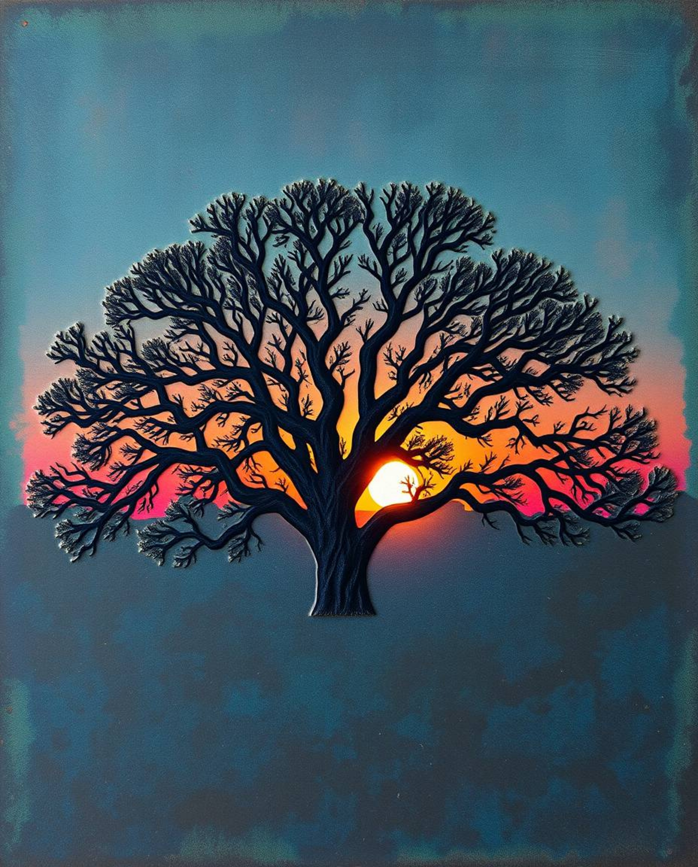 An old oak tree is silhouetted against a sunset, uniquely rendered with a cast bronze surface texture. The artwork is charact