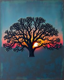 An old oak tree is silhouetted against a sunset, uniquely rendered with a cast bronze surface texture. The artwork is charact