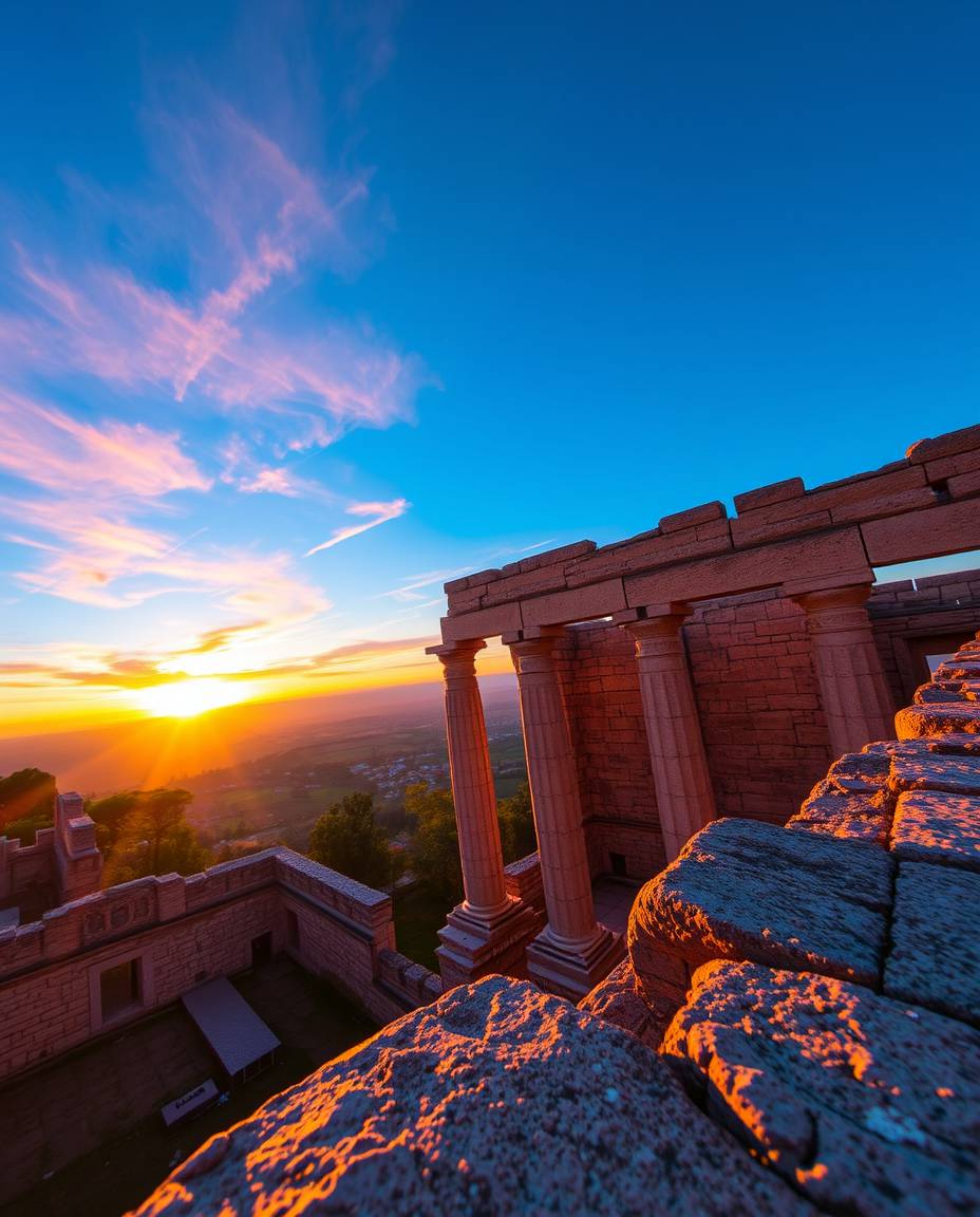 From a high-angle perspective, this image captures iridescent colors reflecting on ancient stone ruins at sunset. The elevate