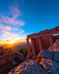 From a high-angle perspective, this image captures iridescent colors reflecting on ancient stone ruins at sunset. The elevate