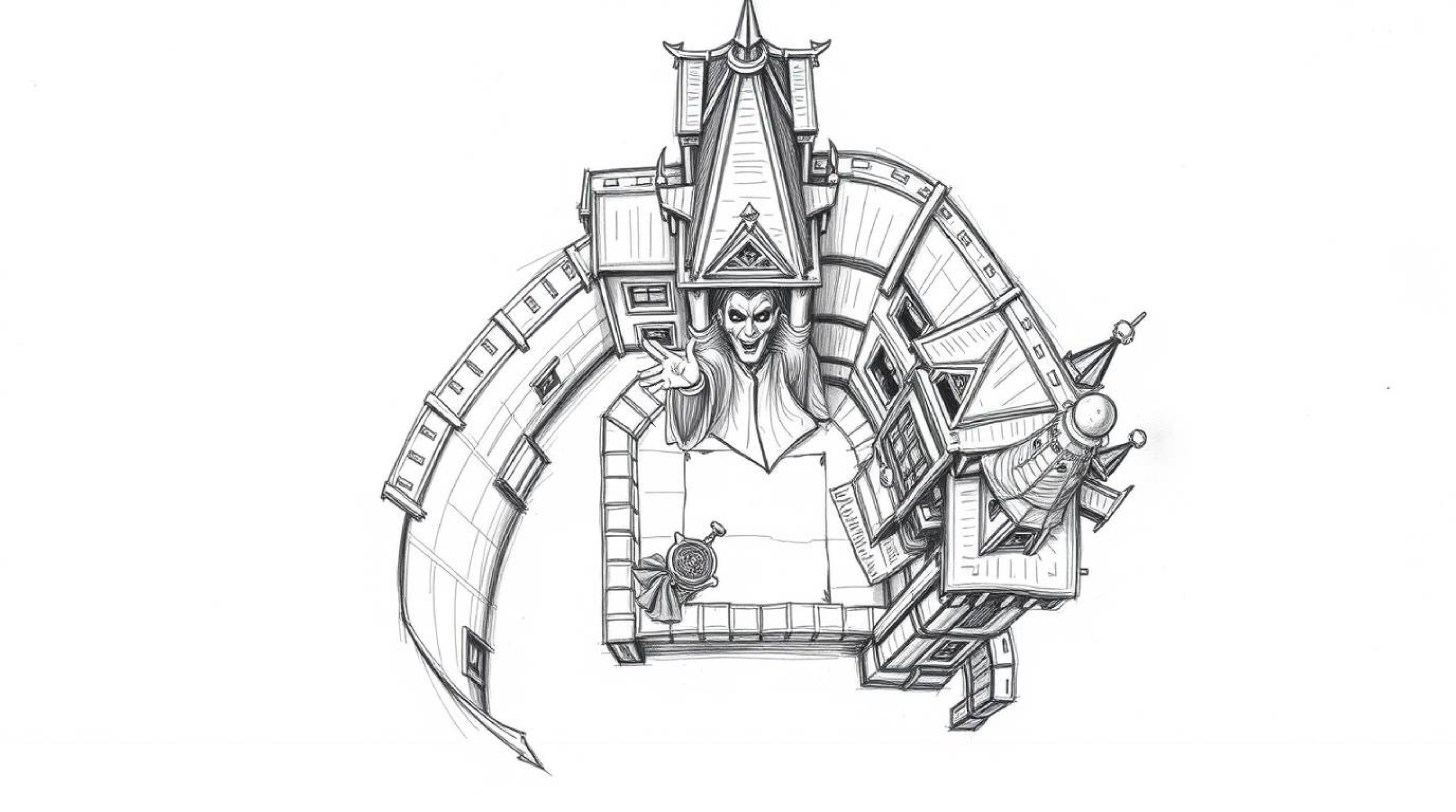 A captivating hand-drawn sketch depicts a classic Disney villain casting a spell within the detailed architecture of an old c