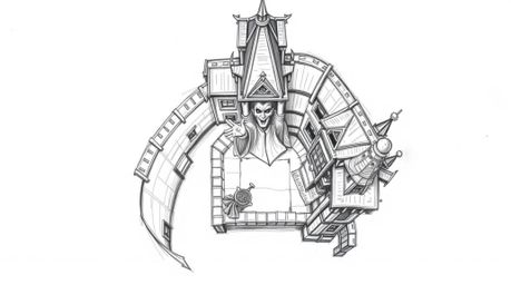 A captivating hand-drawn sketch depicts a classic Disney villain casting a spell within the detailed architecture of an old c