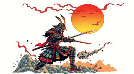 This vibrant retro-style tattoo art print depicts a samurai engaging in a fierce battle against a robot within a dystopian wo