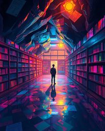 This digital painting captures the magical moment a person discovers a hidden underground library, illuminated by iridescent 