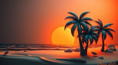 Experience the serenity of a tropical beach sunset captured in a sculptural clay artwork. This piece features swaying palm tr