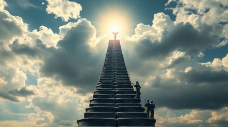 This cast bronze sculpture portrays steps of light gracefully ascending into a cloudy sky, where angelic figures observe from