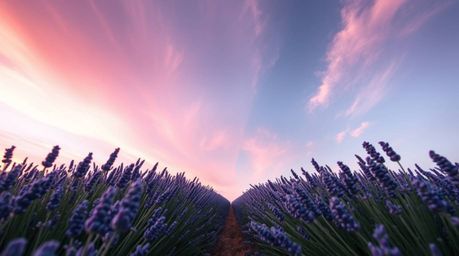 Explore the mesmerizing beauty of lavender fields under a dreamy pink sky in this dramatic, low-angle photograph. The image p