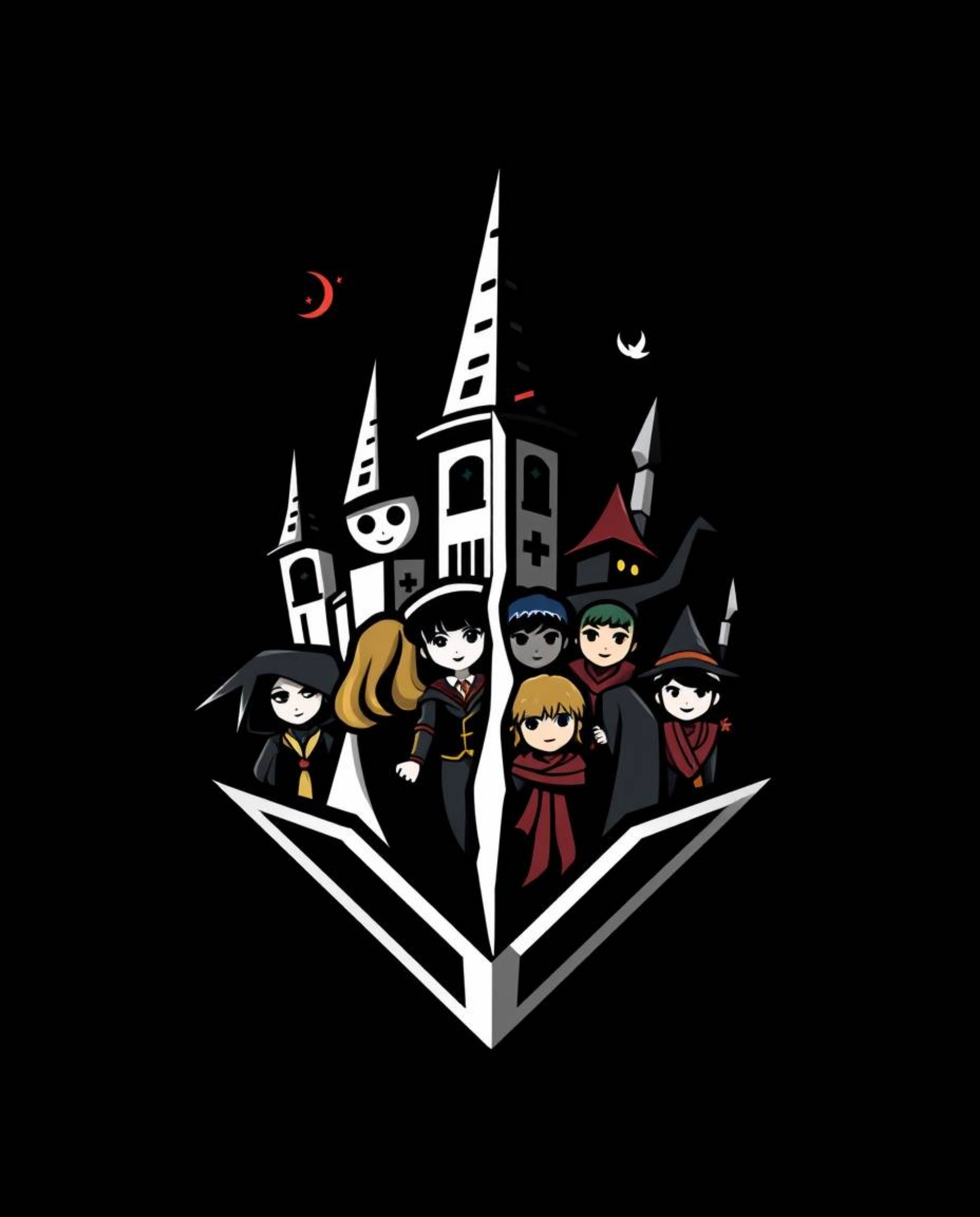 This captivating logo design features a distinct split aesthetic, perfect for a magical school filled with young wizards.  Th