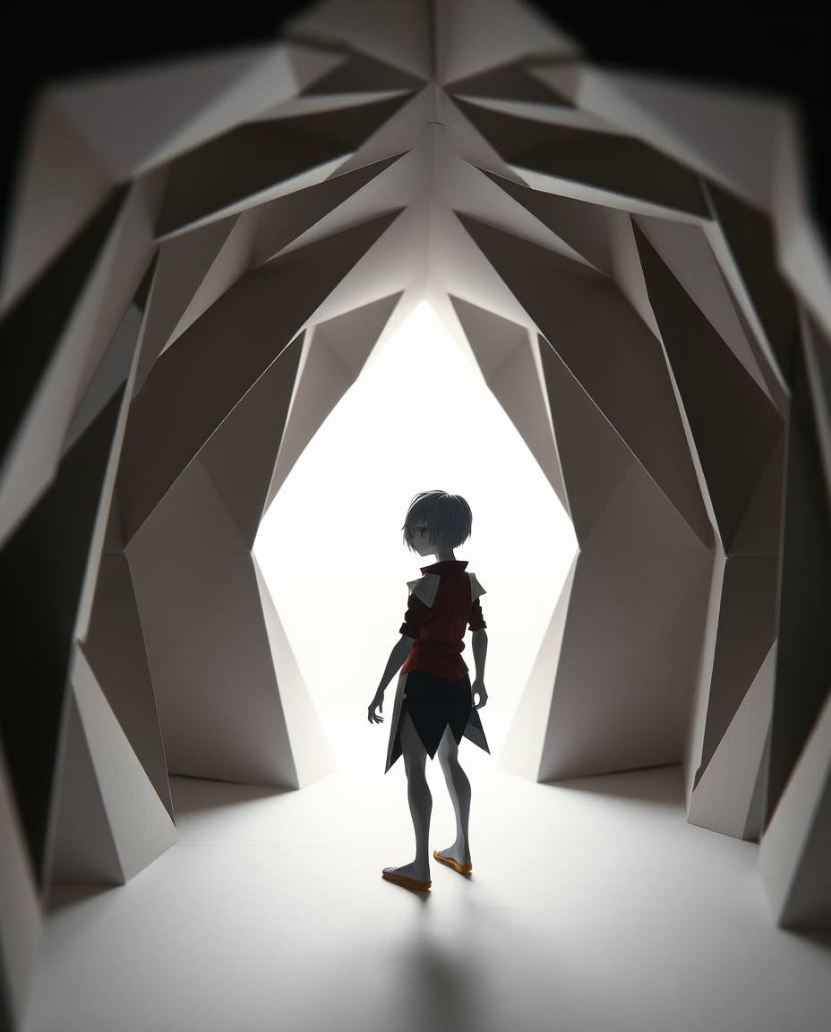 Experience an eerie and creepy atmosphere depicted through intricate origami style. A figure with pale skin and dark eyes sta