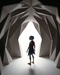 Experience an eerie and creepy atmosphere depicted through intricate origami style. A figure with pale skin and dark eyes sta