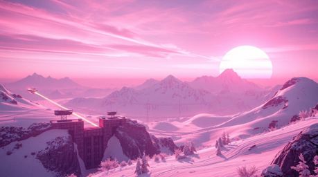 Explore a surreal infrared image blending futuristic sci-fi elements with the natural beauty of snow-covered mountains.  Witn