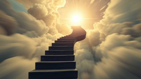 Explore a breathtaking scene of dynamic motion featuring a surreal stairway suspended in mid-air, winding through smoky cloud