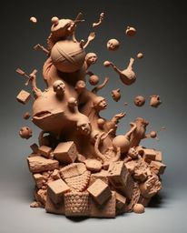 This sculptural clay artwork captures a surreal storm with flying objects and broken gravity, showcasing modeled shapes and t