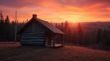 Experience the magic of an old wooden cabin nestled in a sunset woods scene, rendered with smooth gradient transitions and se