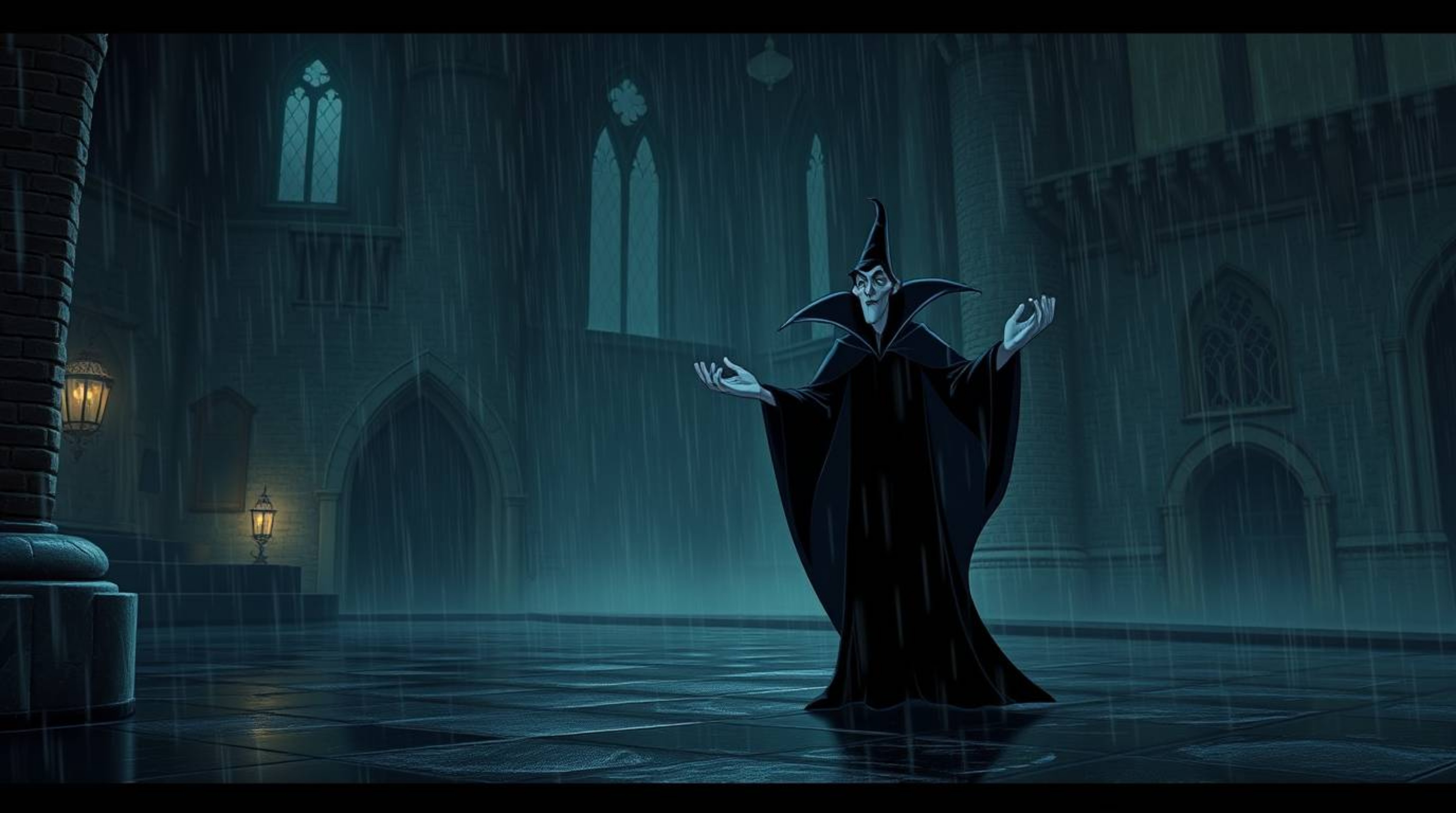 A classic Disney villain, shrouded in dark clothing, casts a powerful spell within the confines of an ancient castle. Drizzli